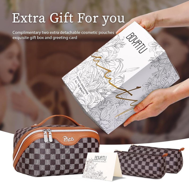 BOYATU Travel Makeup Bag Organizer Cosmetic Bag: 3 Pcs Set Make up Bags for Women with Handle - Waterproof Vegan Leather Toiletry Bags Travel Essentials Pouch with Compartments (H-01-Brown) - Image 5